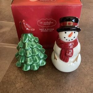St. Nicholas Square Snowman and Pine Tree with Cardinal Salt & Pepper Shakers
